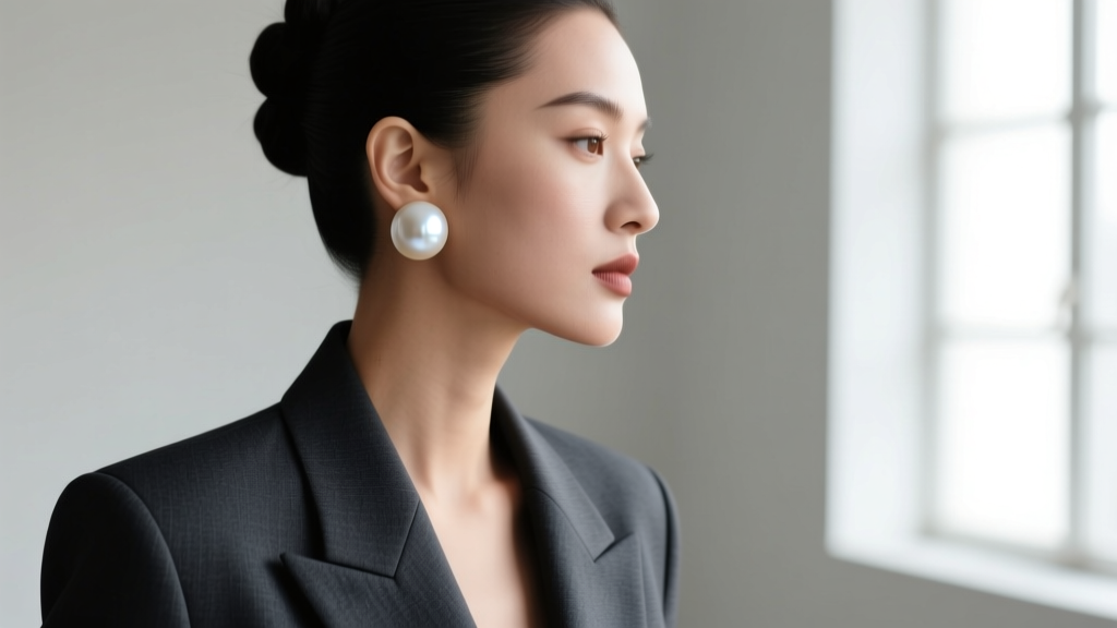 Side profile of a woman with an updo showcasing large 16mm round white Edison pearl earrings paired with a tailored dark blazer.