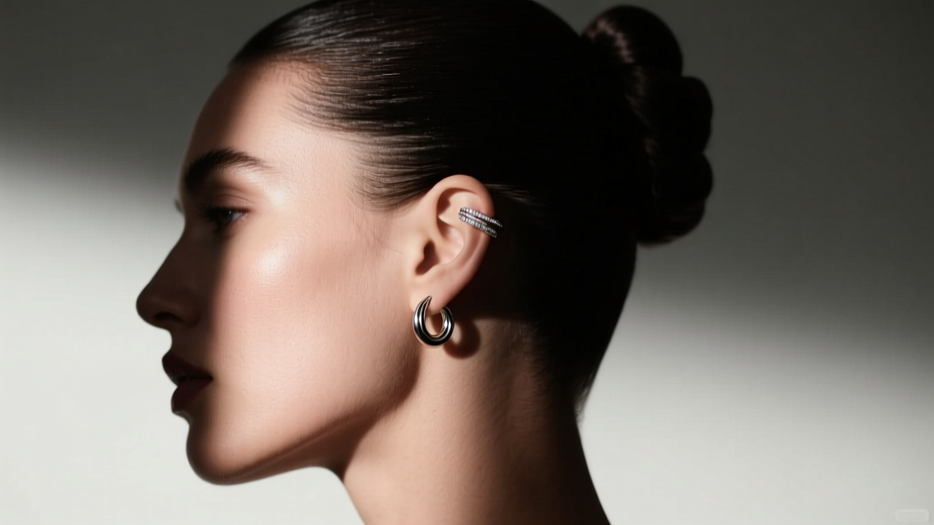 Side profile of a woman with an updo wearing a slash ear cuff on the helix, shot in moody, cinematic, high-contrast lighting.
