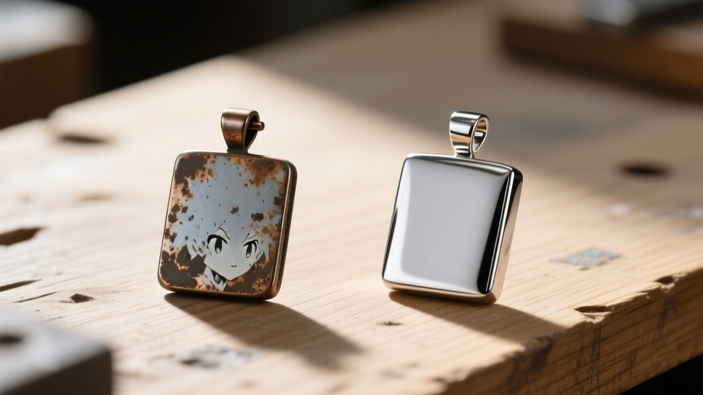 Side-by-side comparison of a tarnished zinc alloy anime pendant and a polished 316L stainless steel replica on a wooden workbench