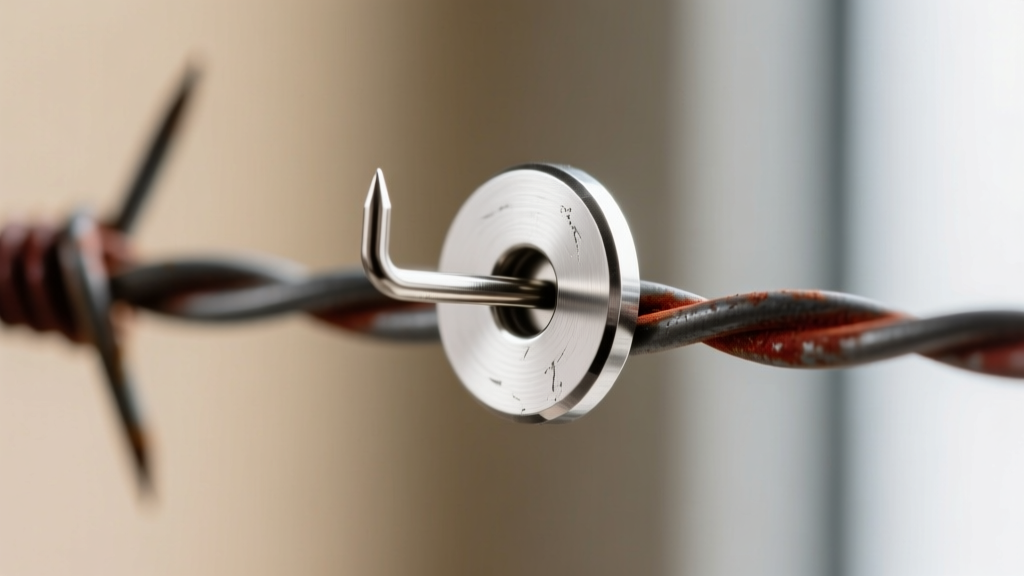 Close-up of a threadless push-pin backing securing a heavy barbed wire earring, revealing the precise bend in the titanium pin.