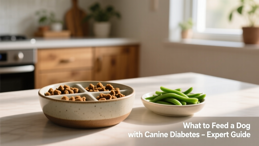 A clean, portion-controlled meal of high-protein kibble served in a ceramic bowl beside a small dish of plain green beans