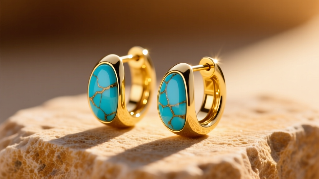 Close-up of 14k yellow gold huggie earrings with inlaid Sleeping Beauty turquoise resting on textured sandstone in warm sunlight.