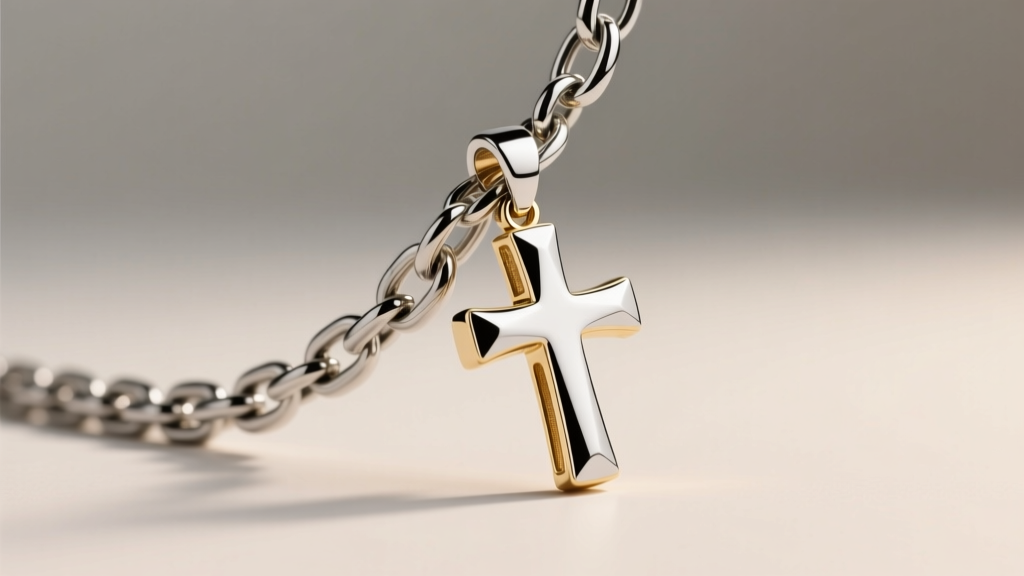 Side view of a titanium Cuban chain supporting an 18k white gold cross pendant, highlighting contrasting metal textures and links