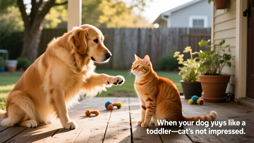A playful golden retriever reaching a paw toward a calm orange cat sitting nearby