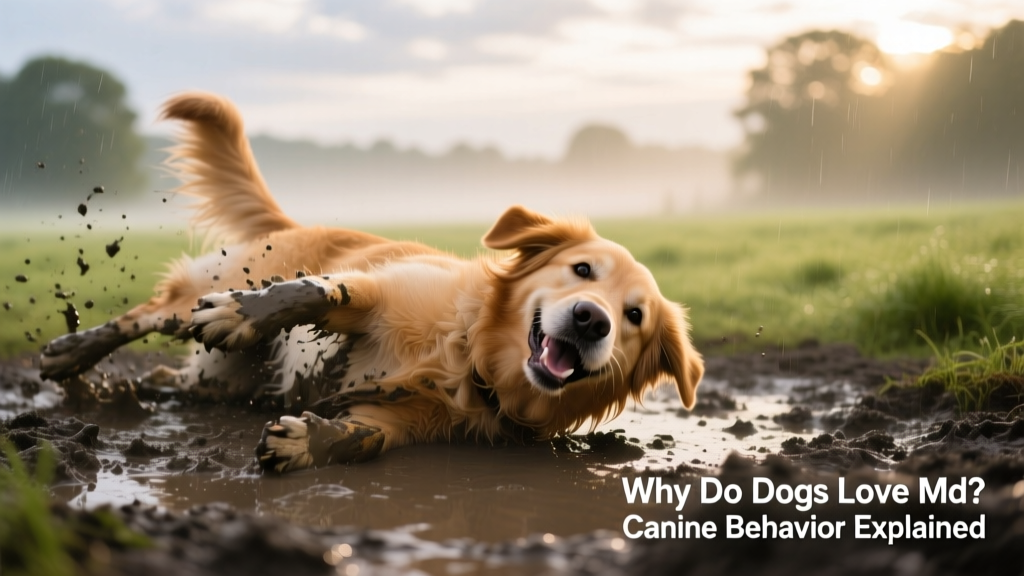 A happy dog enthusiastically rolling in a muddy patch after a rain shower