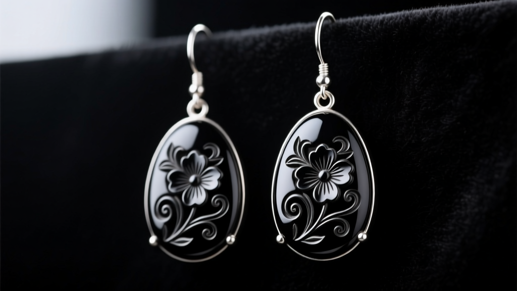 Macro shot of carved Victorian Whitby jet drop earrings on dark velvet, showing matte black finish and floral motifs in soft light