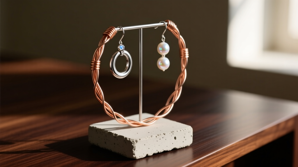 Close-up of a cast-concrete stand with copper wire loops holding silver rings and pearl earrings on a dark oak desk surface.