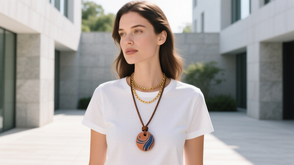 Woman in a white t-shirt layered with a delicate gold chain and a rustic leather cord necklace with a single painted clay bead.