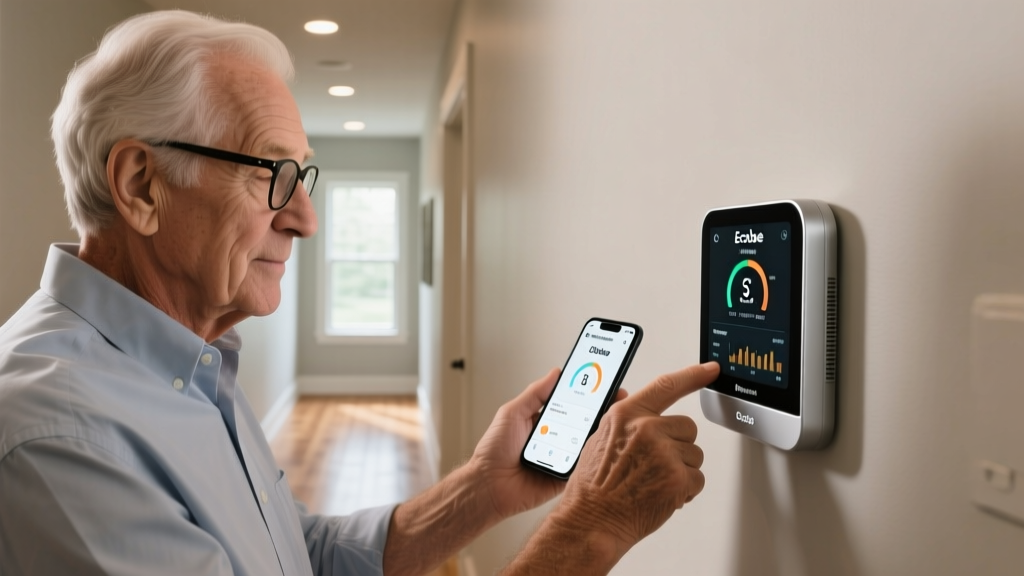 Grandfather adjusting an Ecobee SmartThermostat Premium mounted on a hallway wall while holding a smartphone with the app open