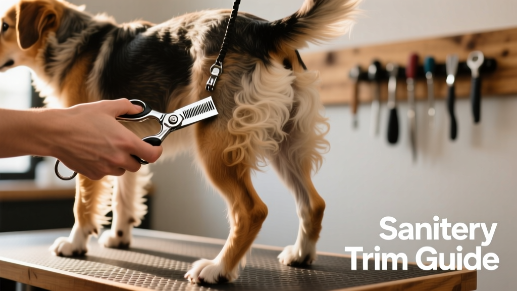 Hands holding dog clippers with a #10 blade, positioned near but not touching a dog's hindquarters
