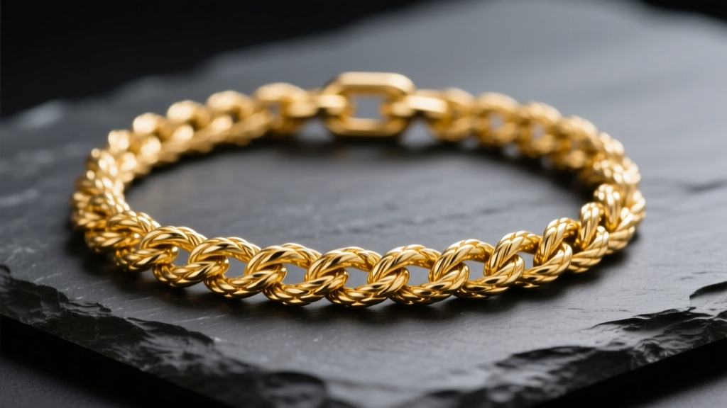 14k yellow gold mens rope chain on dark slate, showing intricate twisted links and metallic reflection under soft studio lighting