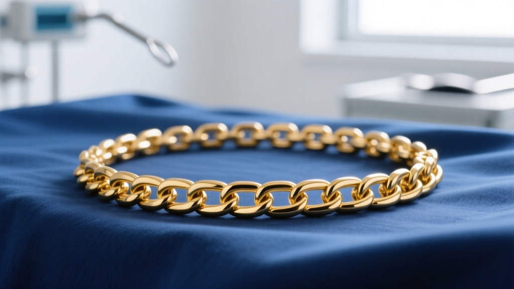 Macro shot of a 14k gold box chain on a blue medical drape, highlighting the smooth, snag-free interlocking square links.