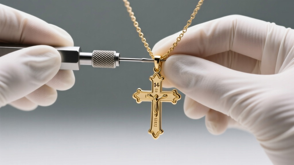 Hands in nitrile gloves using a precision pin vise to tighten the threaded top bail of a 14k gold cremation cross necklace