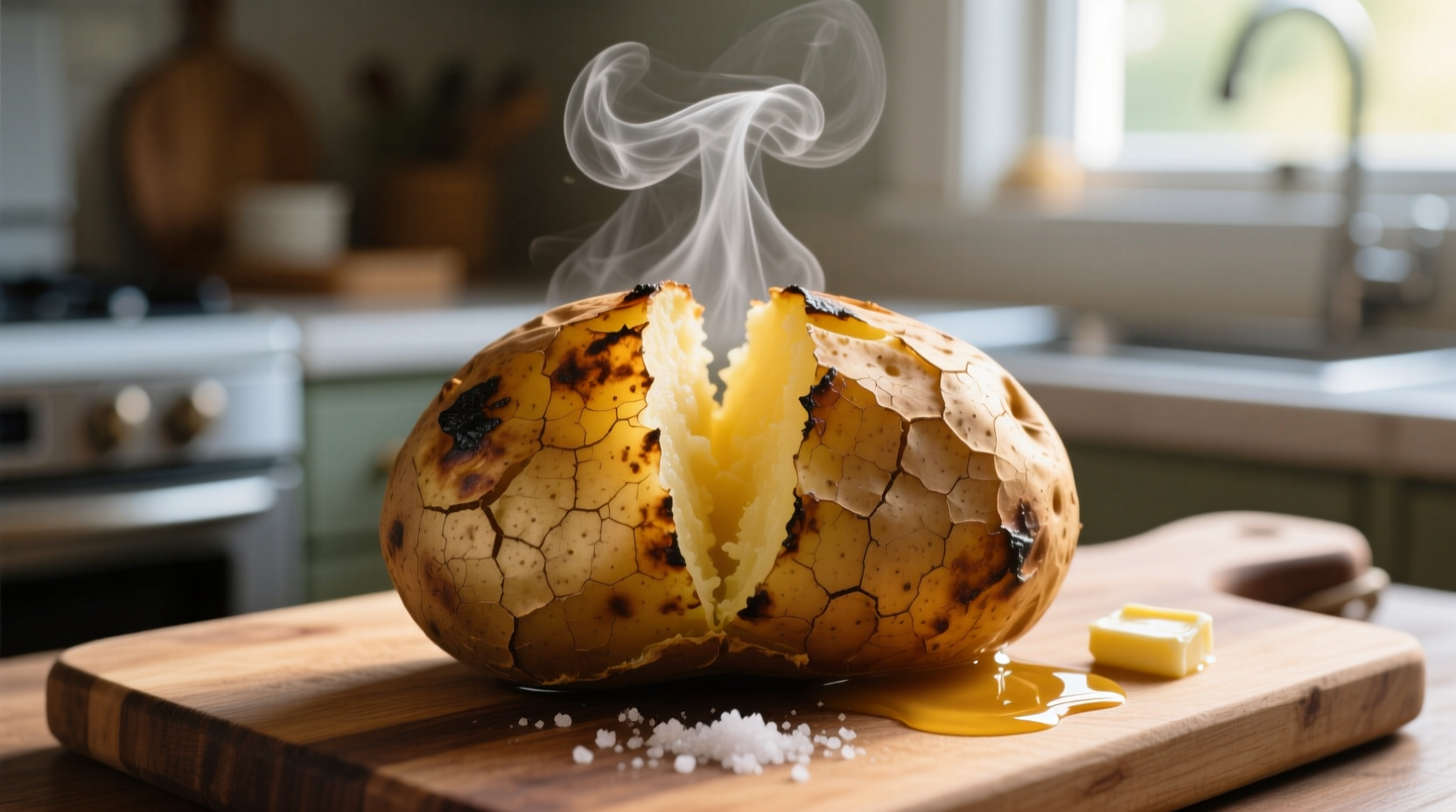 Perfectly cooked microwave jacket potato with steam rising
