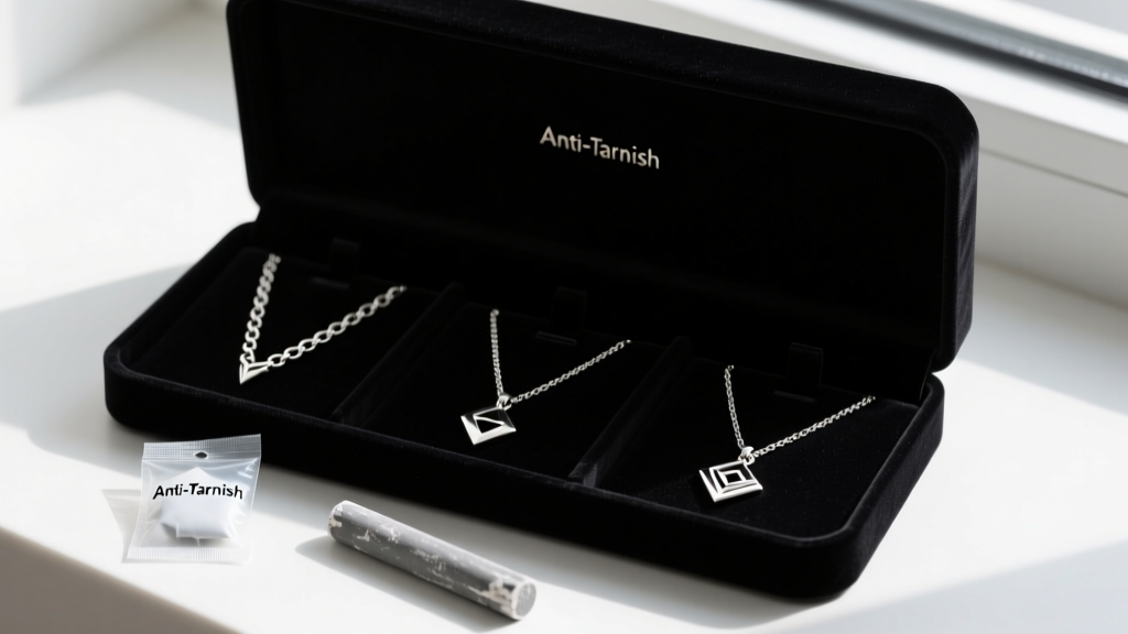 Velvet jewelry box containing polished sterling silver necklaces, alongside a small anti-tarnish silica gel packet and chalk