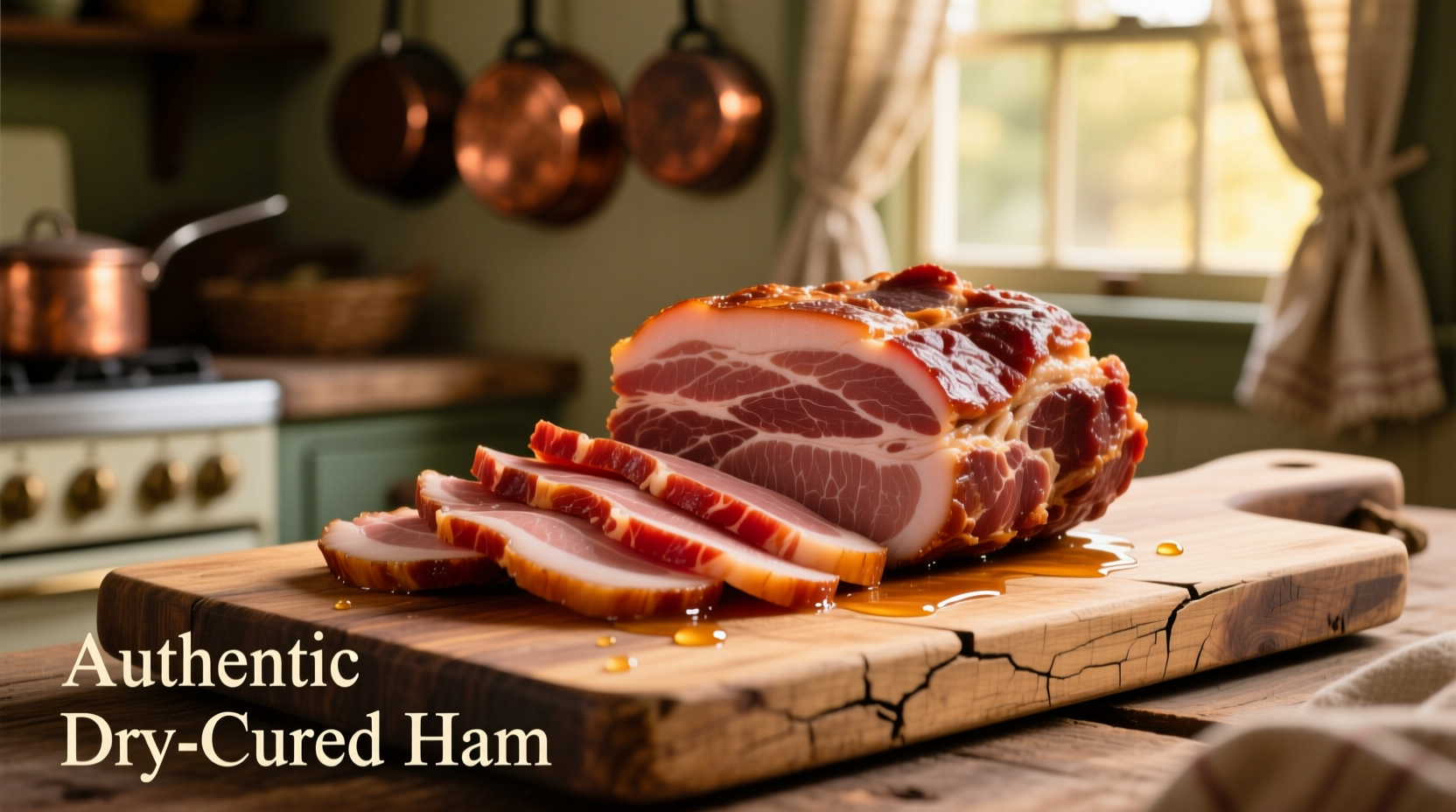 Sliced country ham on wooden cutting board