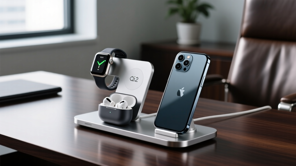 Sleek Qi2-certified three-in-one magnetic desk charging stand holding a smartwatch, wireless earbuds, and smartphone on a dark walnut executive desk.
