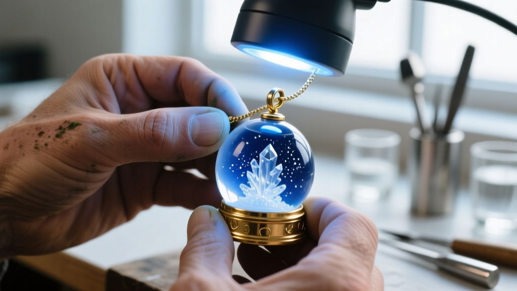 Close-up of artisan hands using a UV resin curing lamp to seal the brass bezel base of a custom liquid-filled snow globe pendant