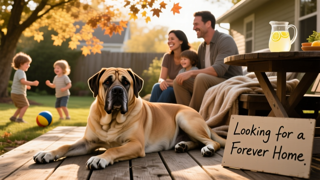 A calm, gentle Mastiff resting beside a family in their backyard
