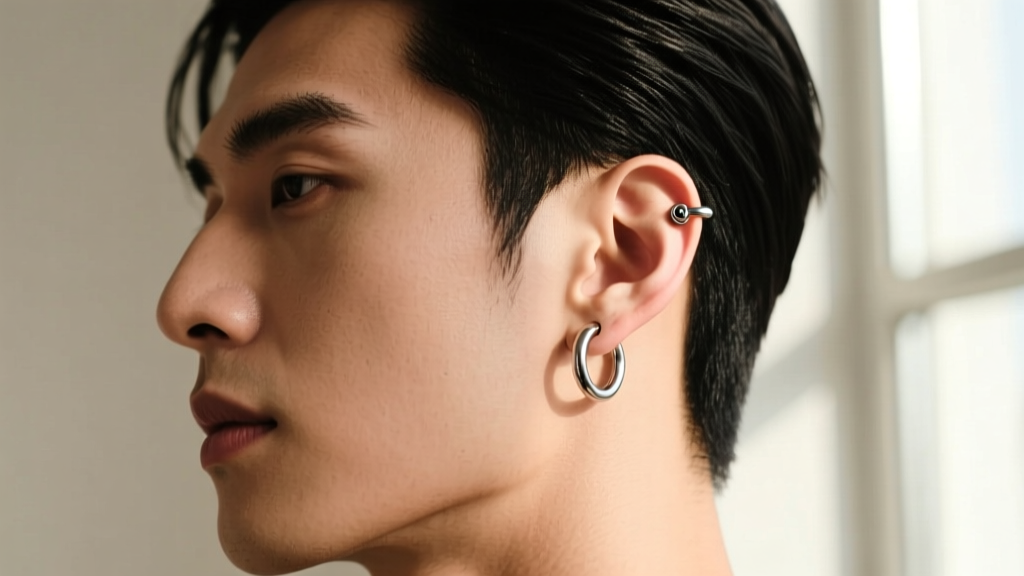 Side profile of a male model showcasing an asymmetrical ear scape with a 16-gauge titanium helix hoop and a small lobe stud.