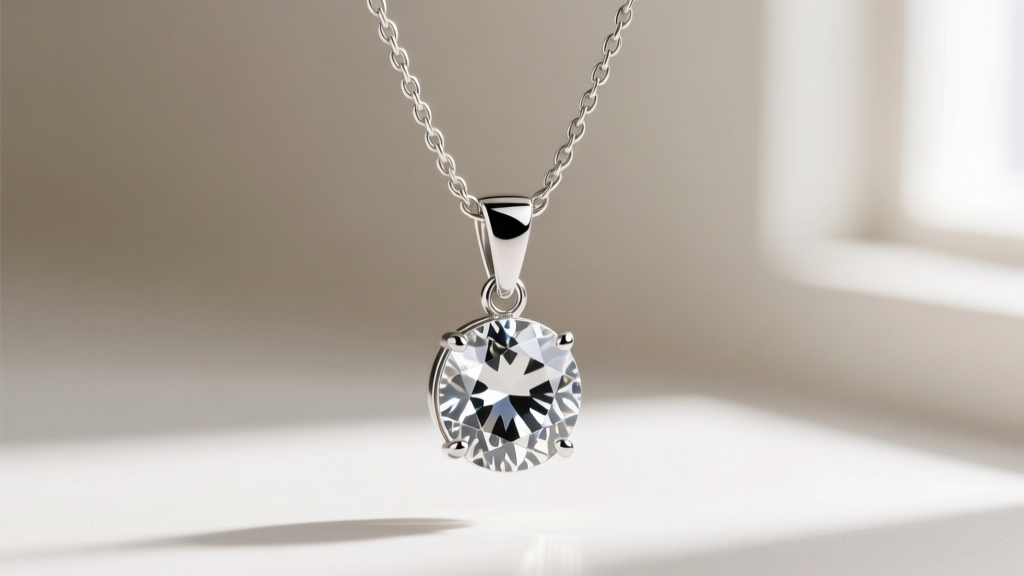 A silver pendant with a large gemstone hanging from a metal sliding chain necklace sizer, demonstrating the bail drop length.