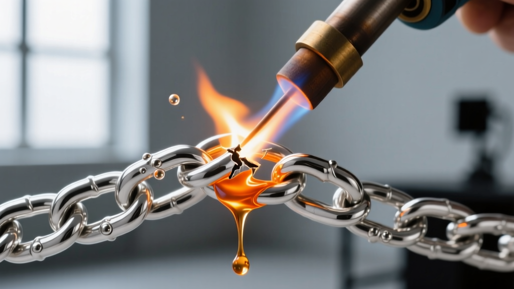 Macro shot of a torch soldering a thick sterling silver curb chain, showing solder flowing into a broken link joint