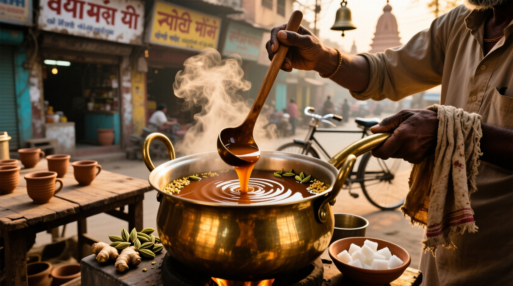 Traditional Indian chai preparation in brass pot