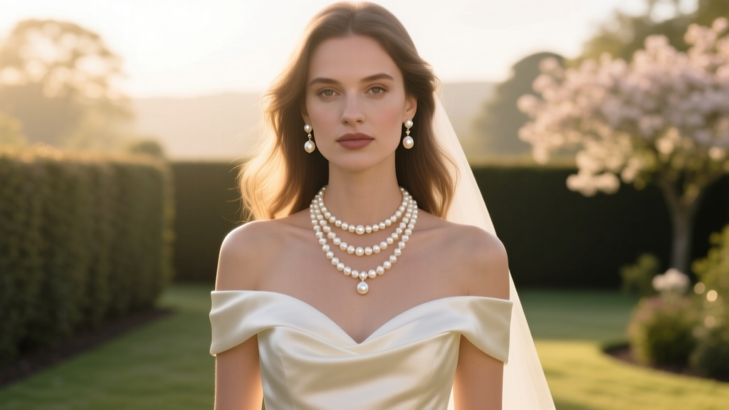 Elegant bride in silk dress wearing layered pearl bridal jewelry sets with a choker and baroque lariat against soft morning light