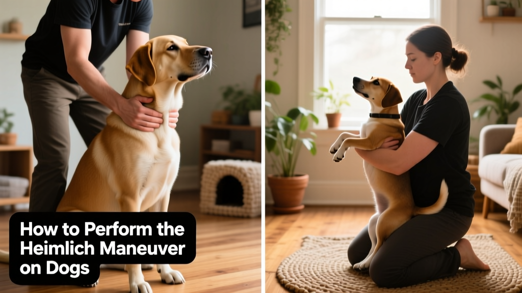 Side-by-side comparison showing correct hand positioning for Heimlich on a large dog (standing position) and a small dog (held upright)