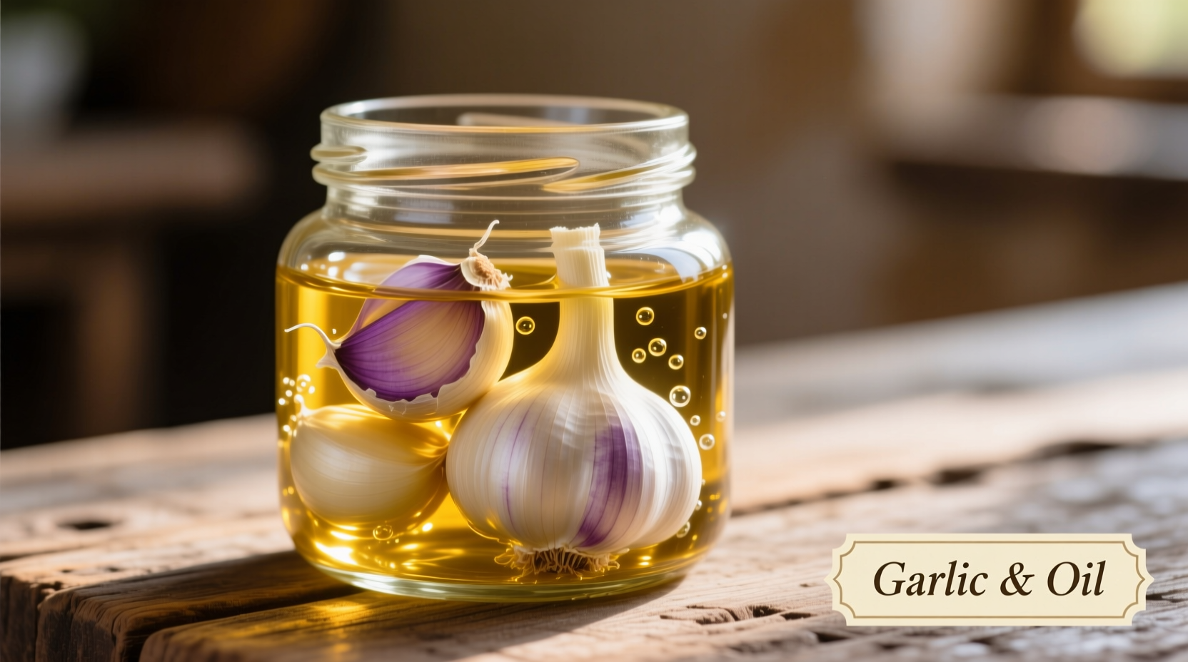 Fresh garlic cloves submerged in golden olive oil in glass jar
