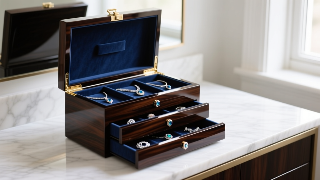 A high-gloss Macassar ebony piano jewelry box resting on a marble vanity, open to reveal tiered anti-tarnish microsuede drawers.