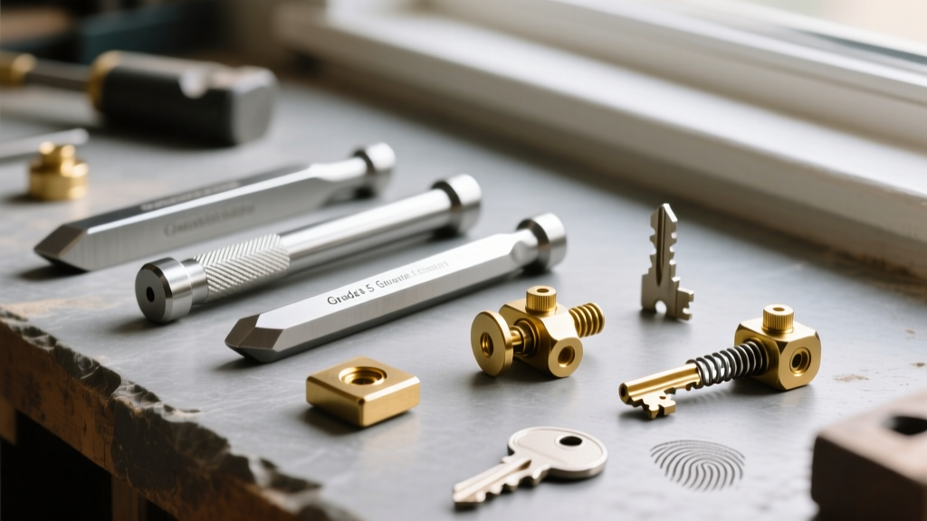 Camden workbench close-up featuring Grade 5 titanium pry bars, custom brass fidget sliders, and loose mechanical key switches.