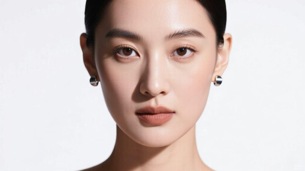 Woman wearing small matte titanium stud earrings, illuminated by direct camera flash against a plain white passport photo backdrop