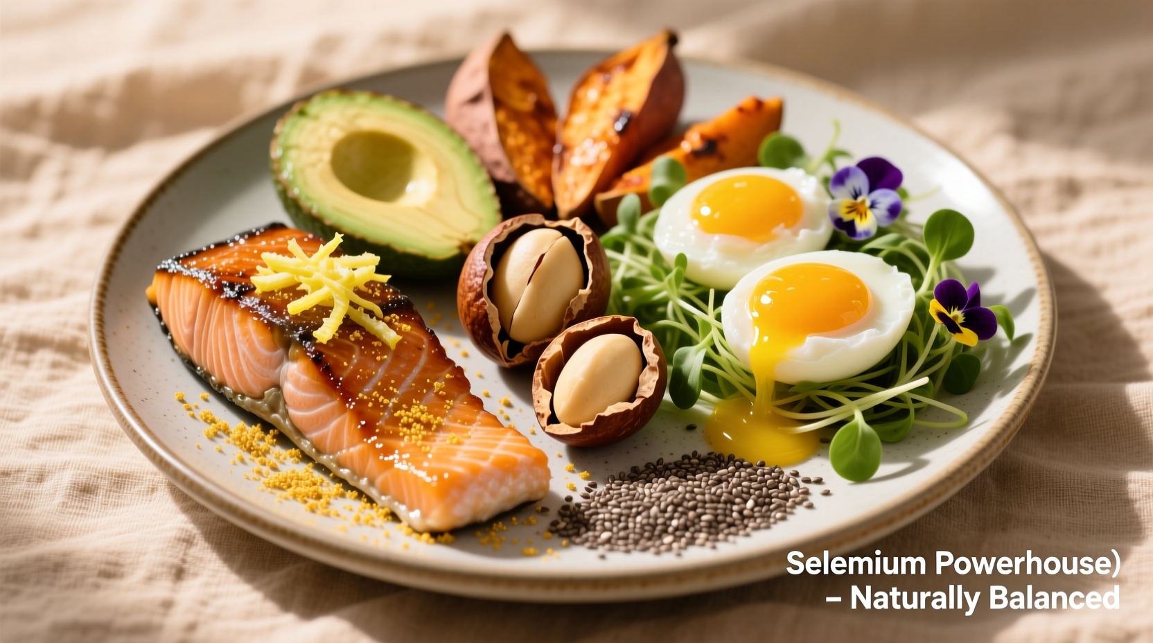 Colorful plate of selenium-rich foods including Brazil nuts, fish, and eggs