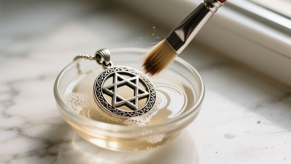 Soft horsehair brush gently cleaning an antique Star of David silver pendant submerged in a small glass bowl of warm soapy water.