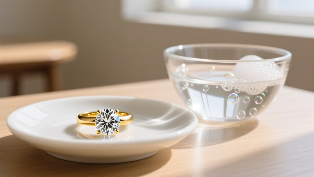 Sparkling round brilliant diamond ring in 14k yellow gold resting on a white ceramic dish next to a glass bowl of soapy water.