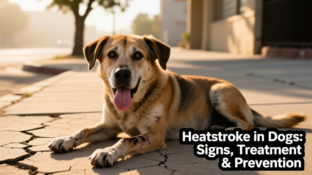 Dog lying on pavement, panting heavily with tongue lolling, looking distressed in hot sunlight