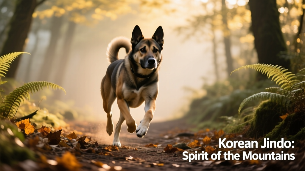 A Korean Jindo mid-stride on a forest trail, muscles taut and focused, illustrating its athletic build and energetic spirit
