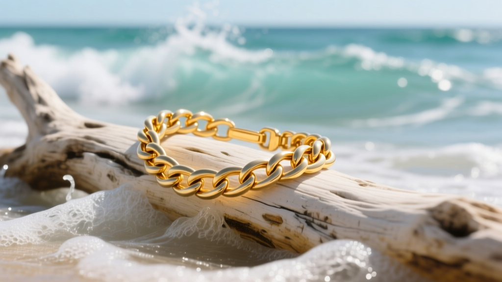 Close-up of a 14k yellow gold cable chain bracelet welded seamlessly, resting on sun-bleached driftwood near crashing ocean waves