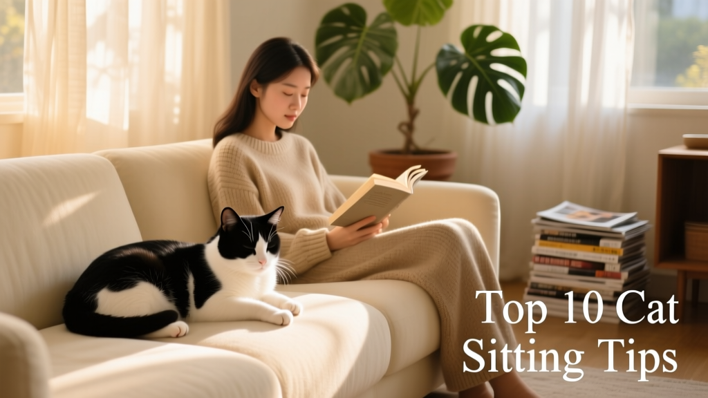 A relaxed cat napping peacefully beside a sitter reading quietly on the couch