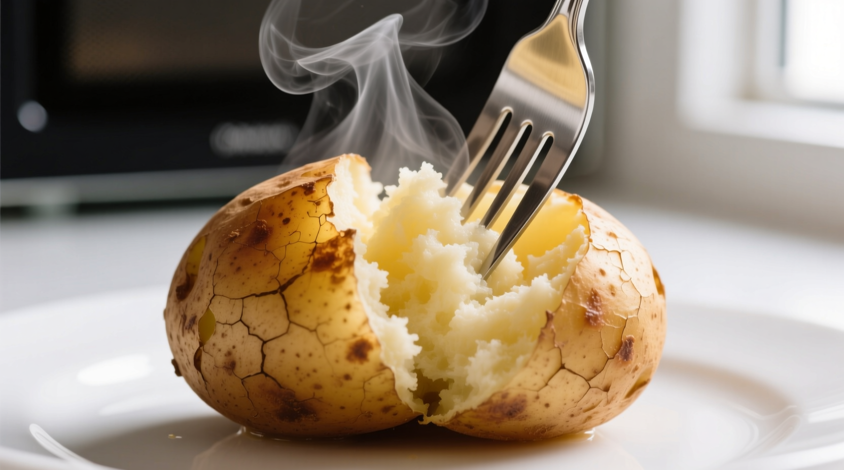 Perfectly cooked microwaved potato with fork