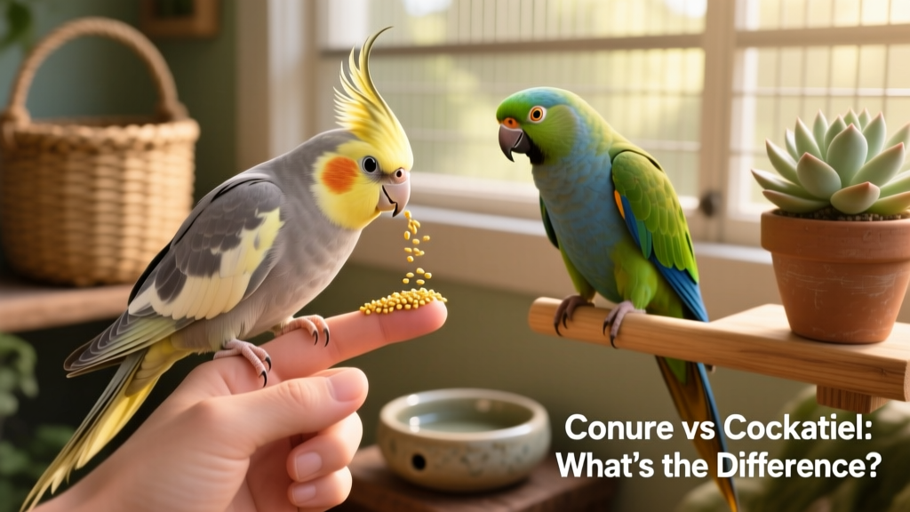 A hand gently offering a millet spray to a cockatiel on one finger while a conure watches curiously from a nearby perch