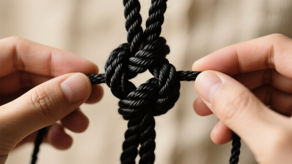 Close-up of hands tying a macrame sliding square knot on a 1mm black waxed cotton cord, showing tension and proper alignment.