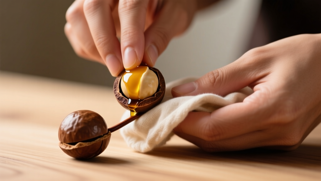 Hands rubbing macadamia nut oil into a strand of brown kukui nuts using a soft cloth under warm ambient indoor lighting.