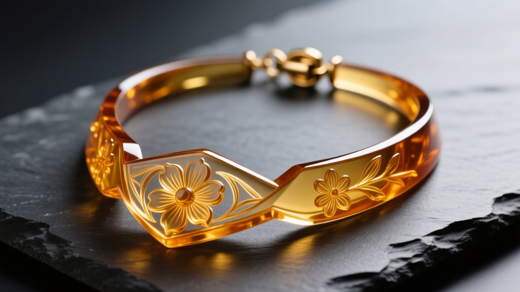 Translucent amber vintage lucite necklace on dark slate, soft lighting highlighting internal floral carvings and brass clasp