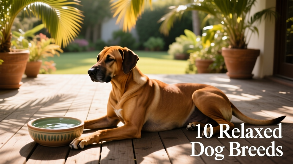 Rhodesian Ridgeback lounging peacefully on a shaded patio with a water bowl nearby