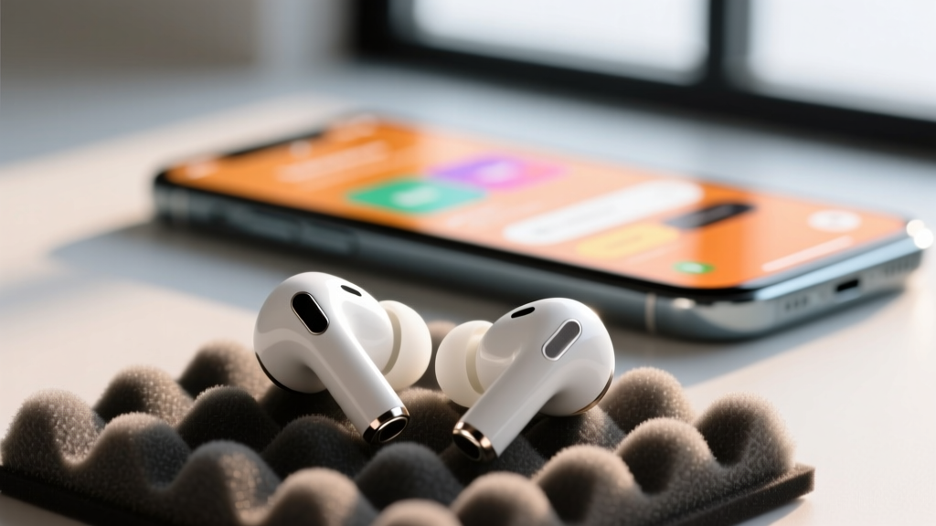 Close-up of premium true wireless earbuds resting on a textured acoustic foam surface with a glowing smartphone in the background.