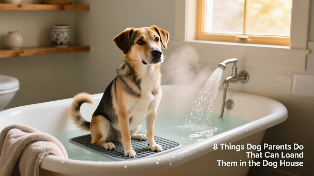 A calm, medium-sized mixed-breed dog sitting in a shallow tub with gentle water spray, wearing a non-slip mat and a soft towel draped nearby