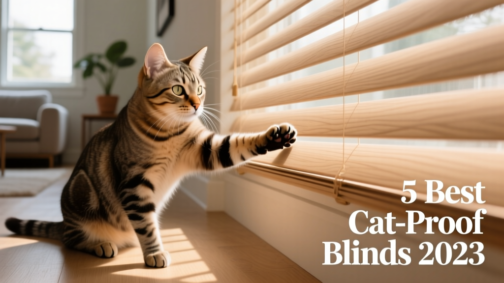 Close-up of a cat gently pawing at smooth, cordless faux wood blinds without causing damage