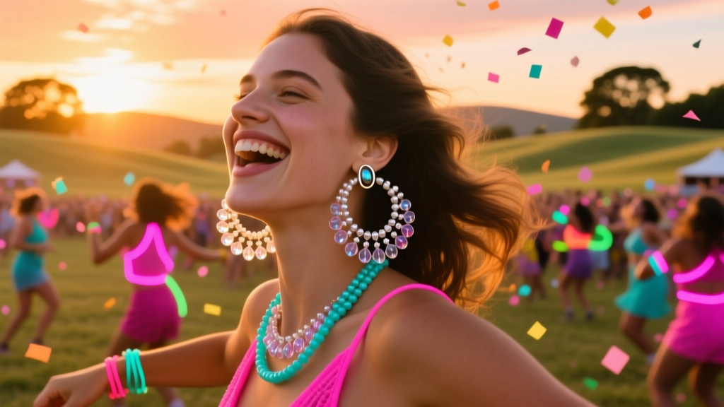 Festival attendee wearing lightweight glass seed bead kandi ear cuffs and lobe hoops, vibrant outdoor rave, golden hour sunlight.